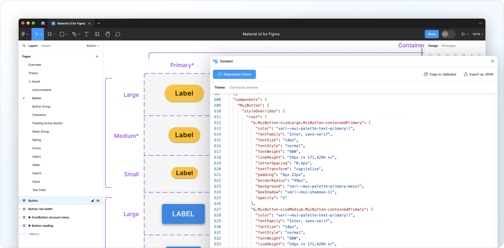 Customizing the Material UI Switch component in Figma with the Connect plugin running.